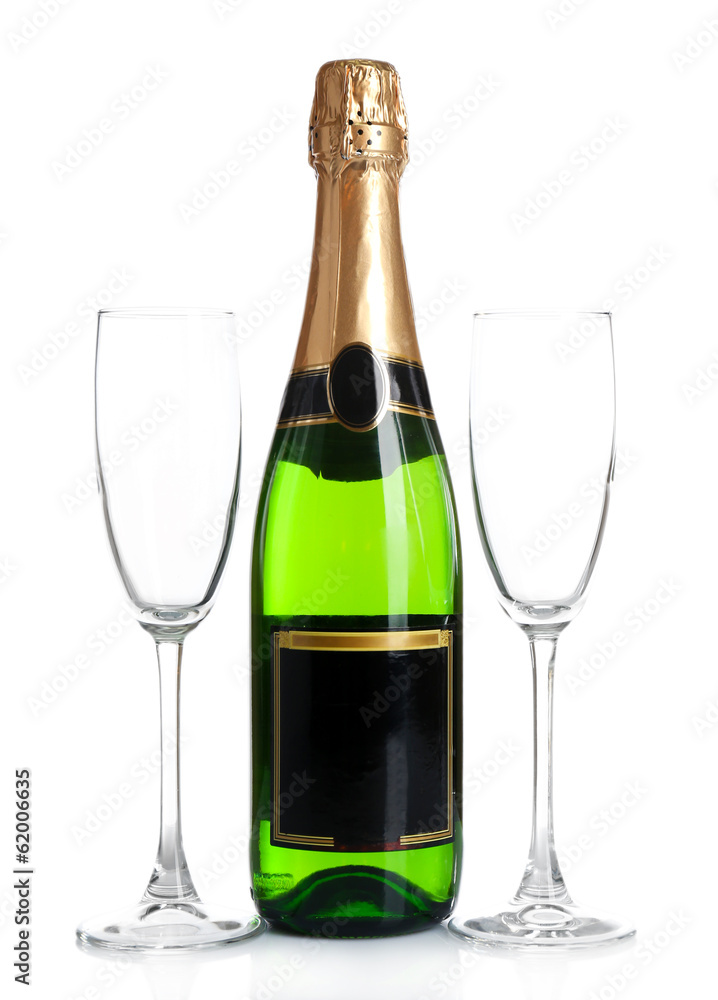 Bottle of champagne and empty glasses, isolated on white