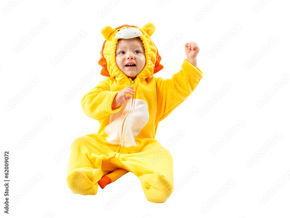 Child girl,dressed in lion carnival suit, isolated on white