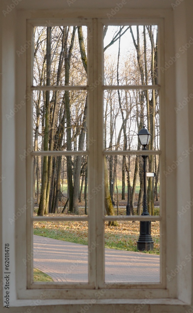 Obraz premium Autumn park with street lamp from window