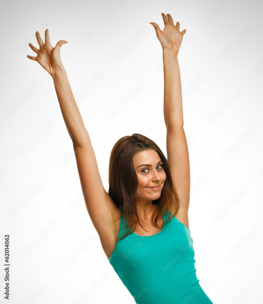cheerful beautiful woman raised hands up happy look success isol cheerful beautiful woman raised hands up happy look success isol