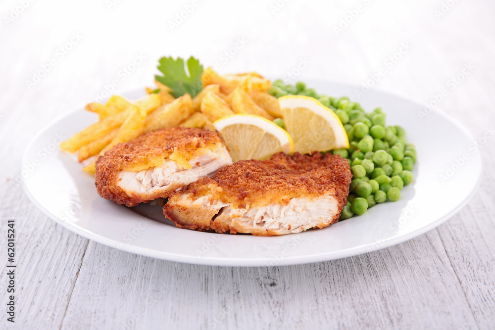 breaded meat and french fries