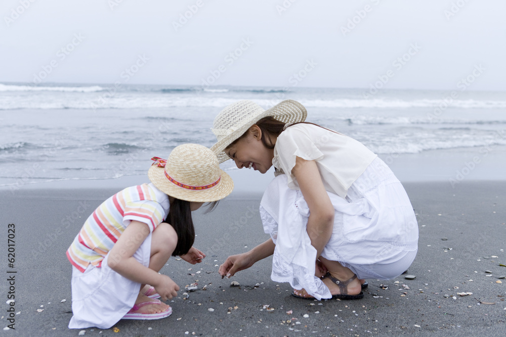 parents and child collecting shells on beach parents and child collecting shells on beach