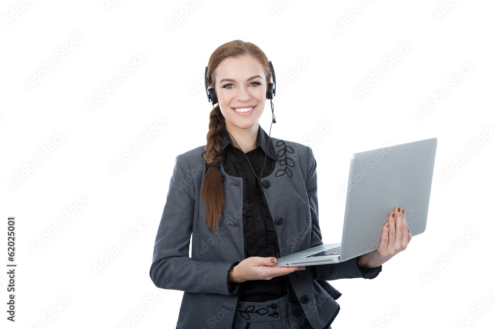 Portrait of a beautiful service customer worker holding a laptop Portrait of a beautiful service customer worker holding a laptop