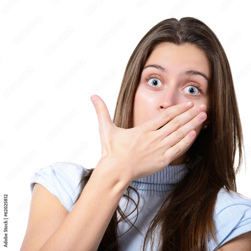 attractive teen girl surprised, young woman open wide her eyes a attractive teen girl surprised, young woman open wide her eyes a