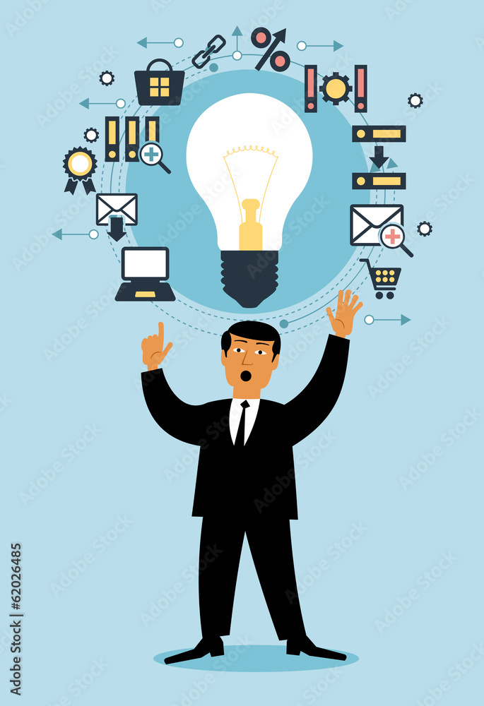 Cartoon man with a Light bulb and business icons Cartoon man with a Light bulb and business icons