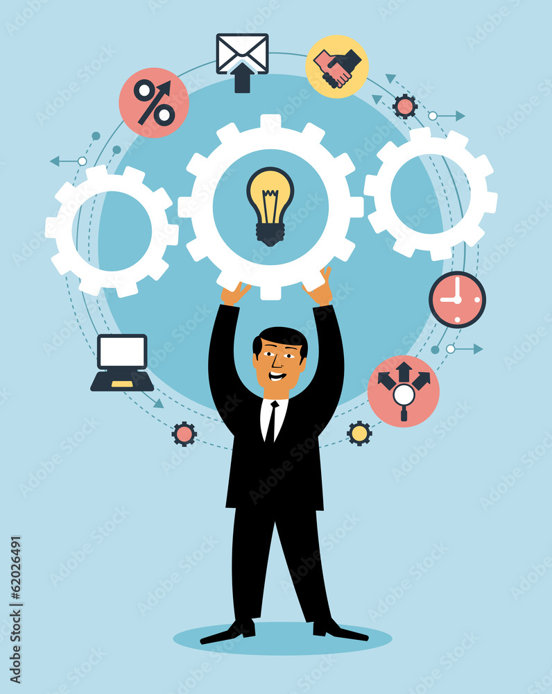 Cartoon man hold up gear and business icons Cartoon man hold up gear and business icons