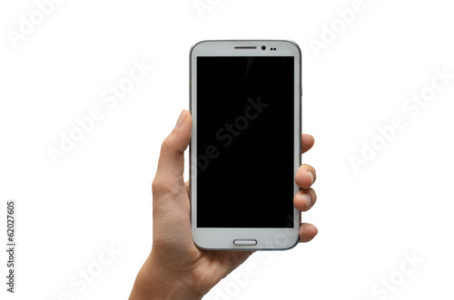 Woman hand using mobile phone touch screen on white background