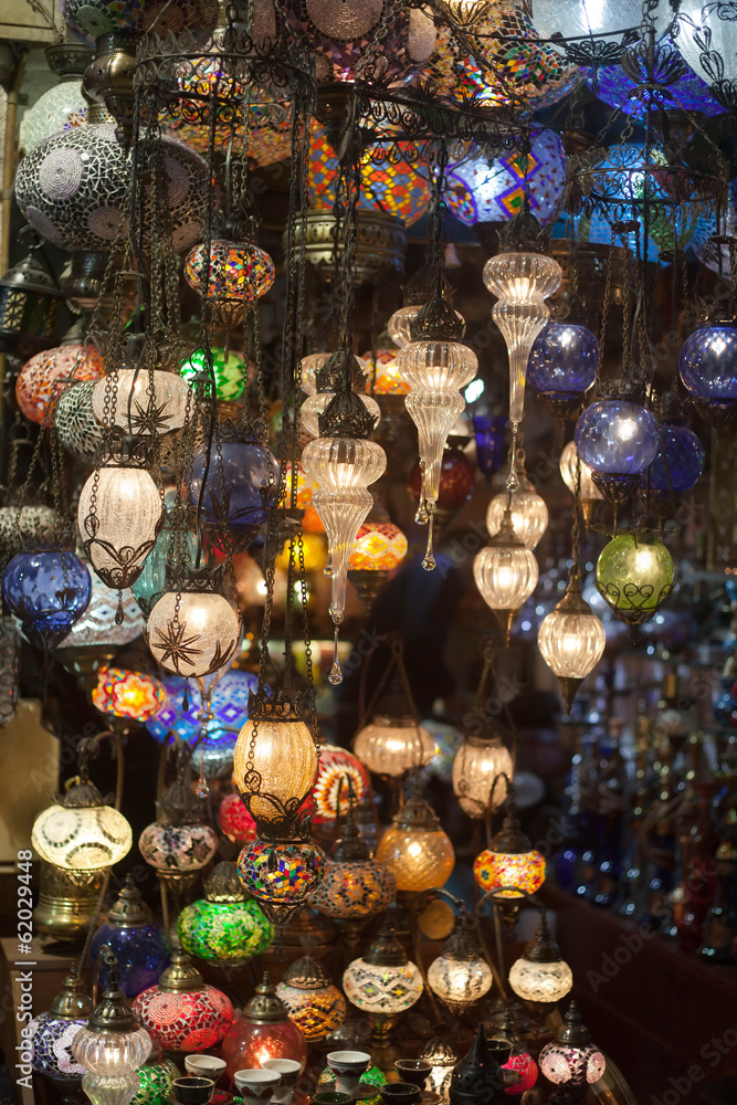 colorful oriental lamps at market