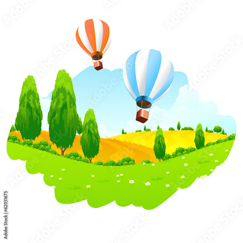 Green Landscape with Hot Air Balloon in the Sky