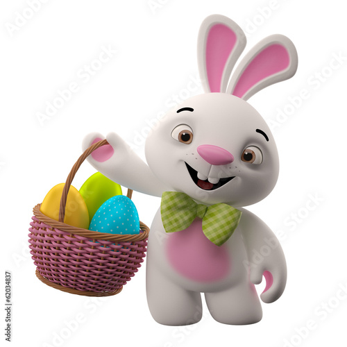 Happy Easter, amazing 3D easter bunny with eggs in basket