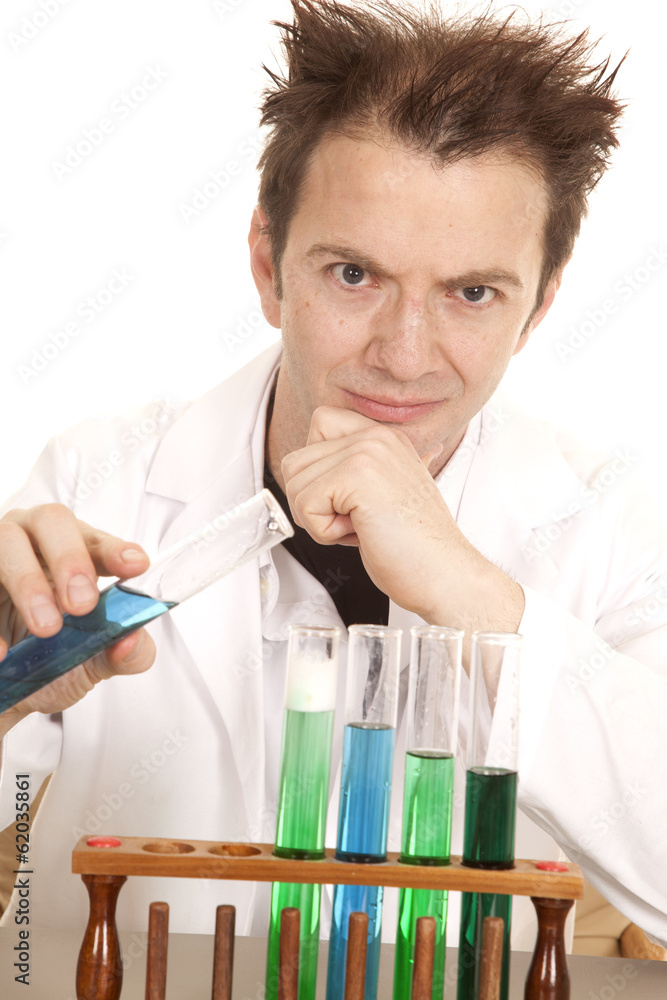 Mad scientist hold blue test tube Mad scientist hold blue test tube