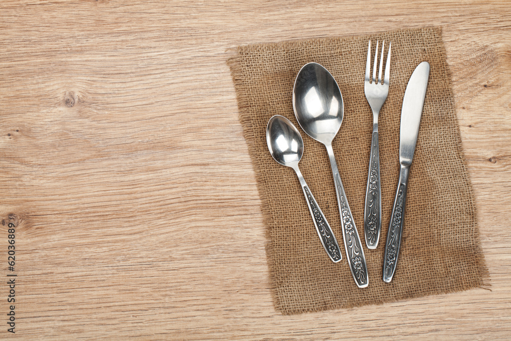 Silverware or flatware set of fork, spoon and knife Silverware or flatware set of fork, spoon and knife