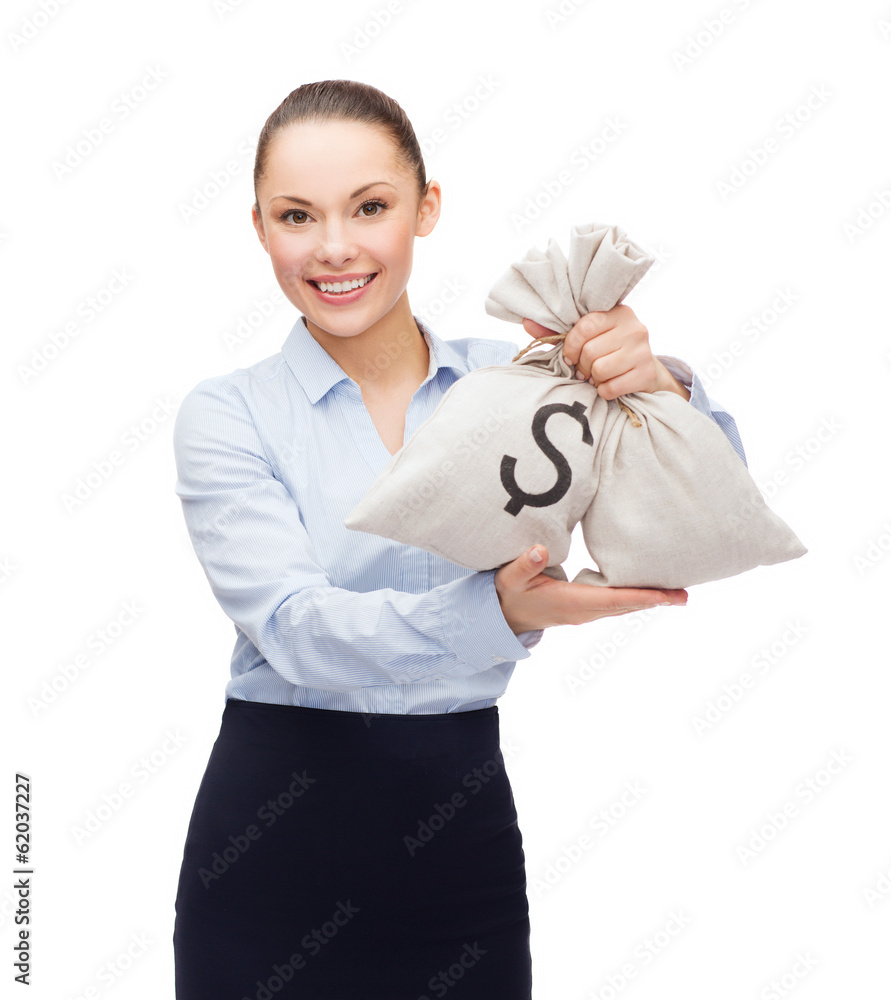 young businesswoman holding money bags with dollar young businesswoman holding money bags with dollar