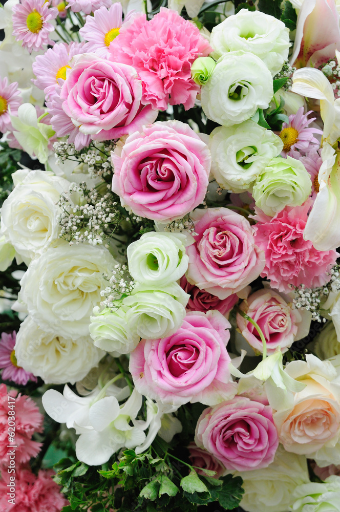Pink and white roses display