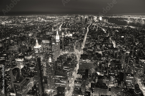 New York City Manhattan skyline aerial view at dusk black and wh