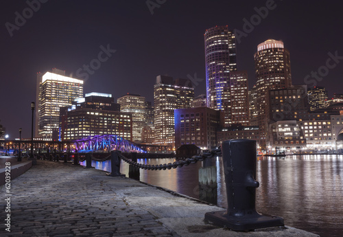 Boston Harbor and Financial District at night in Boston, Massac photo