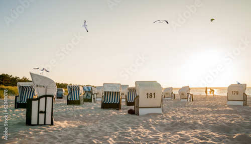 Strandkörbe, Möwen und Familie am Strand