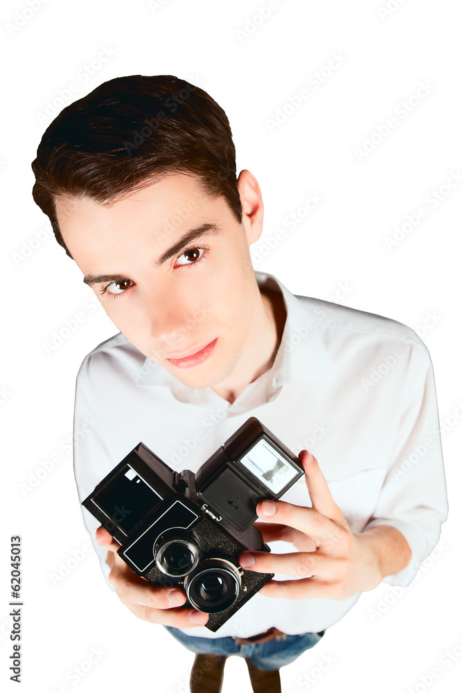 young man with retro camera top view isolated young man with retro camera top view isolated