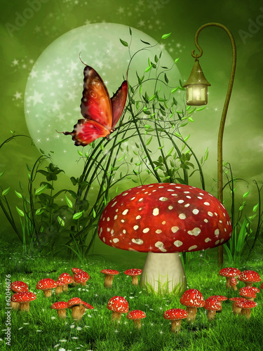 Fototapeta Zielona baśniowa łąka z muchomorami i motylem