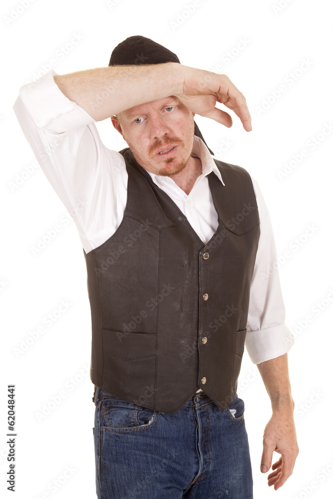 Man vest tire arm on forehead Man vest tire arm on forehead