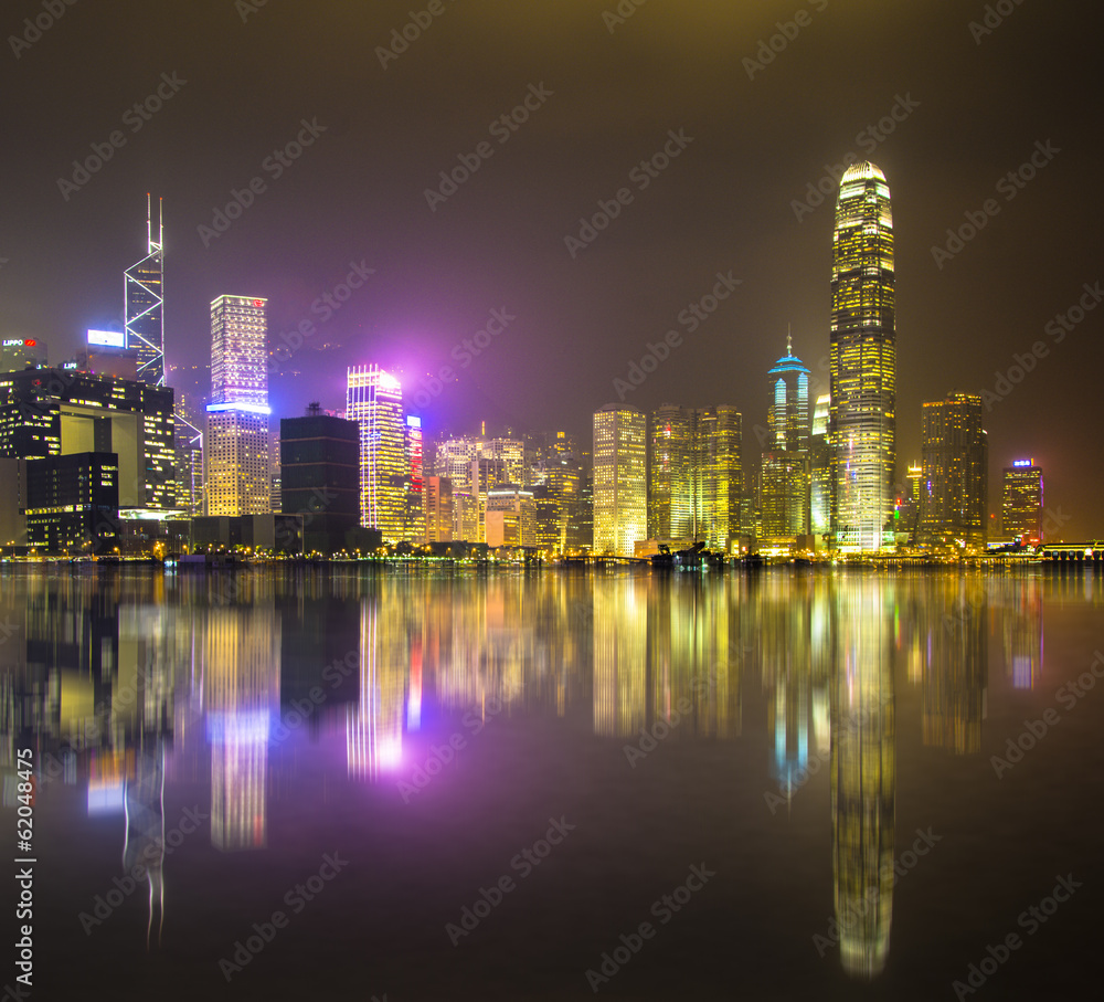 Hong Kong Skyline and reflection by night