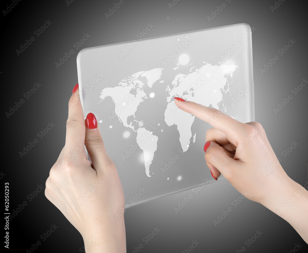 woman hand touch world map and connection woman hand touch world map and connection