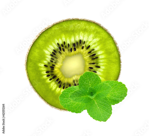 Slice of fresh juicy kiwi and mint herb isolated on white