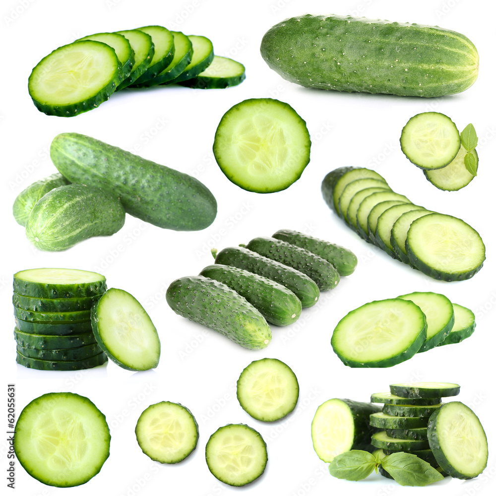Collage of cucumbers isolated on white Collage of cucumbers isolated on white