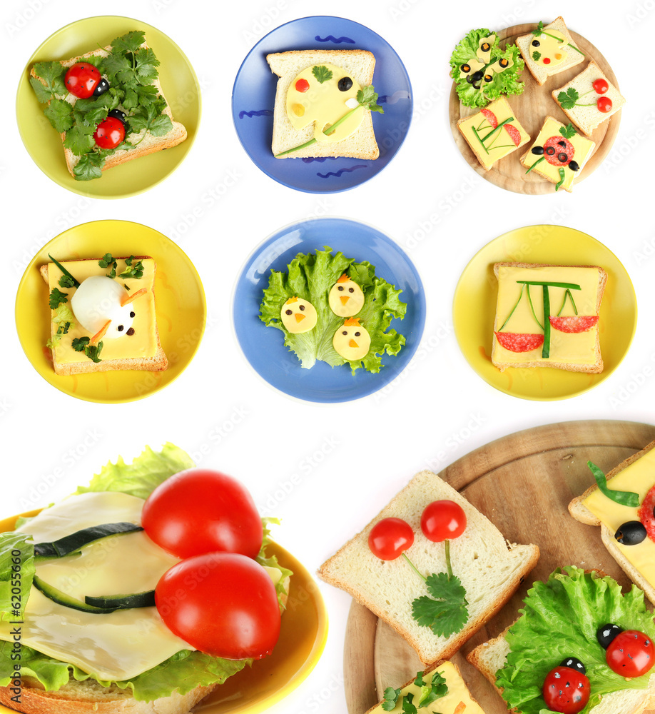 Collage of fun food for kids isolated on white Collage of fun food for kids isolated on white