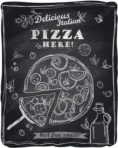 Chalk pizza with the cut off slice.