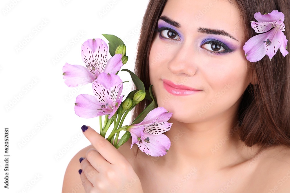 Beautiful young woman with flowers isolated on white Beautiful young woman with flowers isolated on white