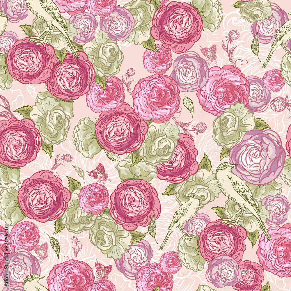 Rose Seamless Background with Birds