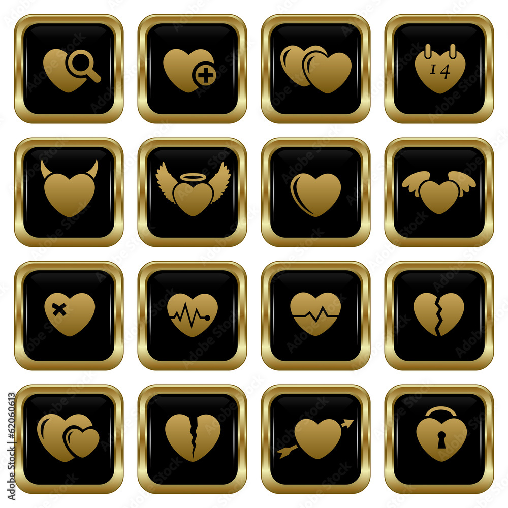 Set of the black gold heart buttons. Set of the black gold heart buttons.