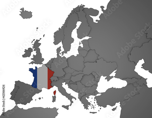 3D Europakarte grau   wei  - Frankreich Flagge