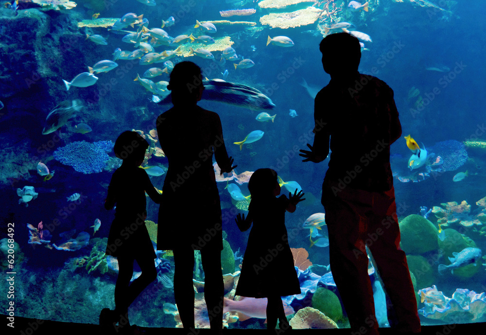 Silhouettes of family in oceanarium looking at aquarium - obrazy, fototapety, plakaty 