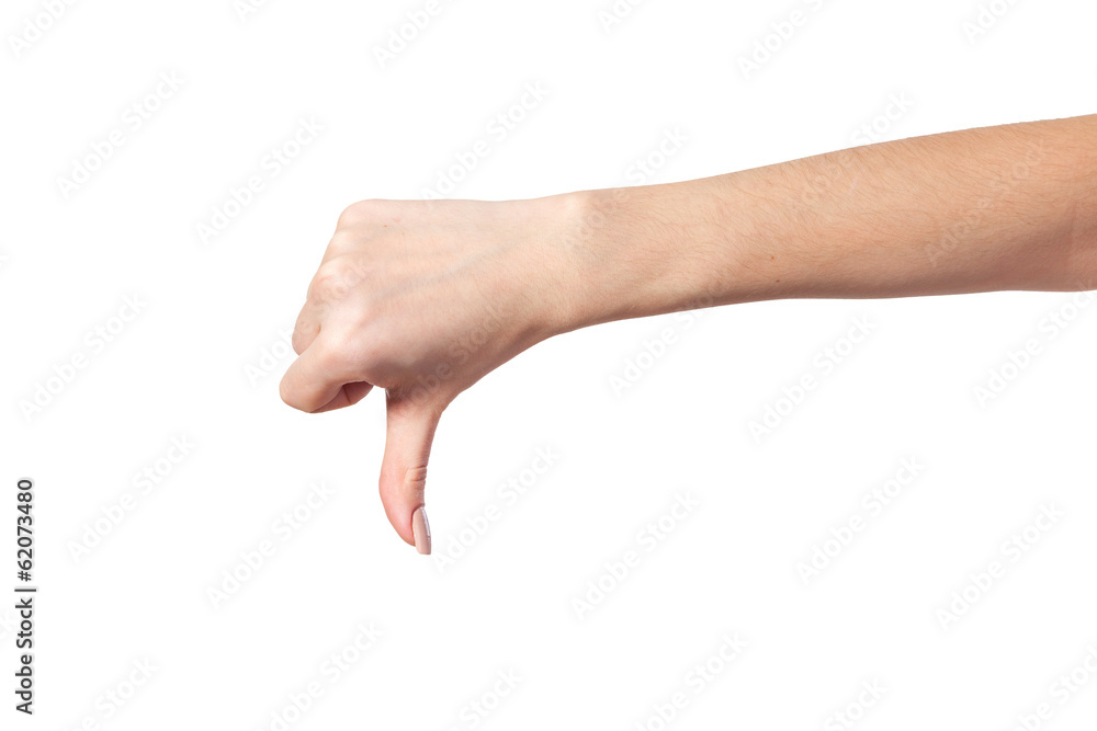 Thumb down Female hand sign isolated on white Thumb down Female hand sign isolated on white