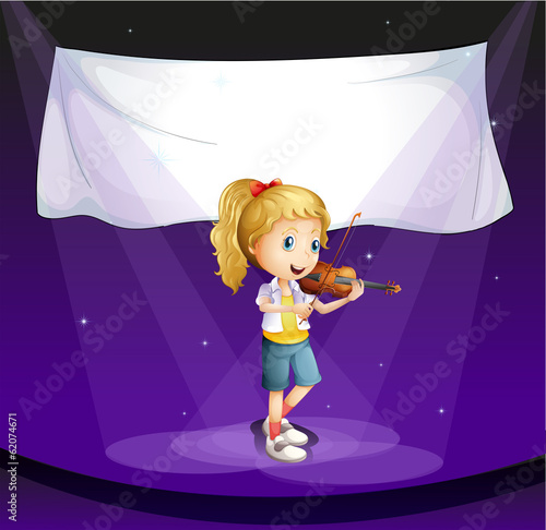 A girl performing at the stage with an empty banner