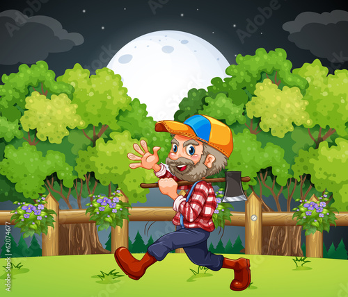 An old lumberjack carrying an axe while walking