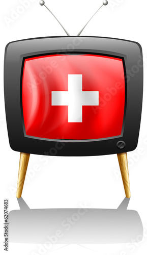 A television showing the flag of Switzerland
