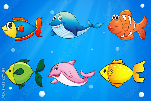 Six colorful and smiling fishes under the sea