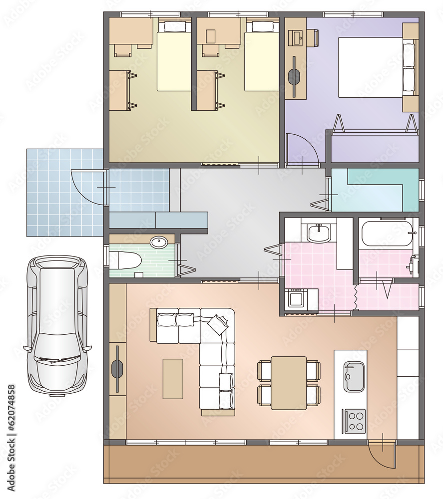 一戸建て住宅の見取り図と家具の配置 一戸建て住宅の見取り図と家具の配置