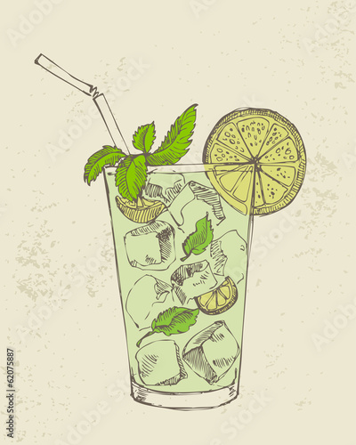 Hand drawn illustration of mojito with mint and lime.
