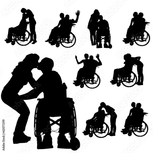 Vector silhouettes of people in a wheelchair.