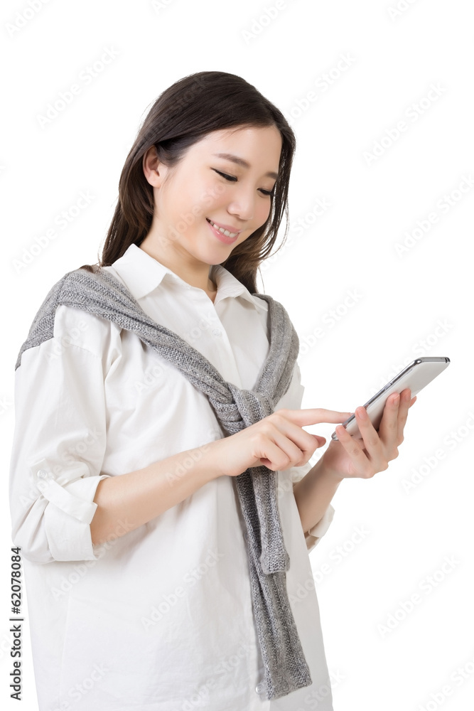 Smiling happy Asian woman using smartphon Smiling happy Asian woman using smartphon