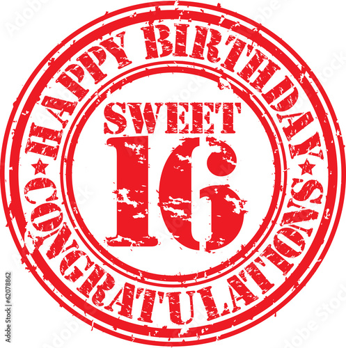 Happy birthday sweet 16 grunge rubber stamp, vector illustration