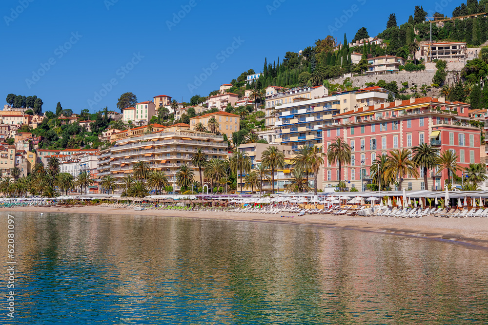 Hotels and beaches in Menton, France.