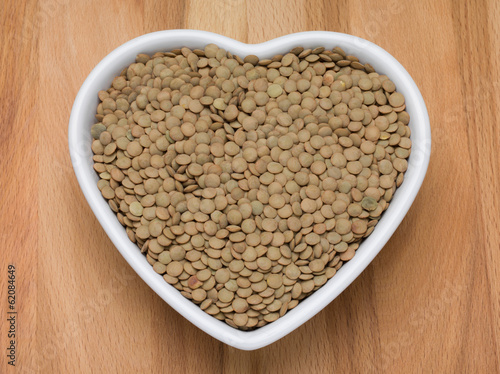 Le Puy green lentils in a heart shaped bowl