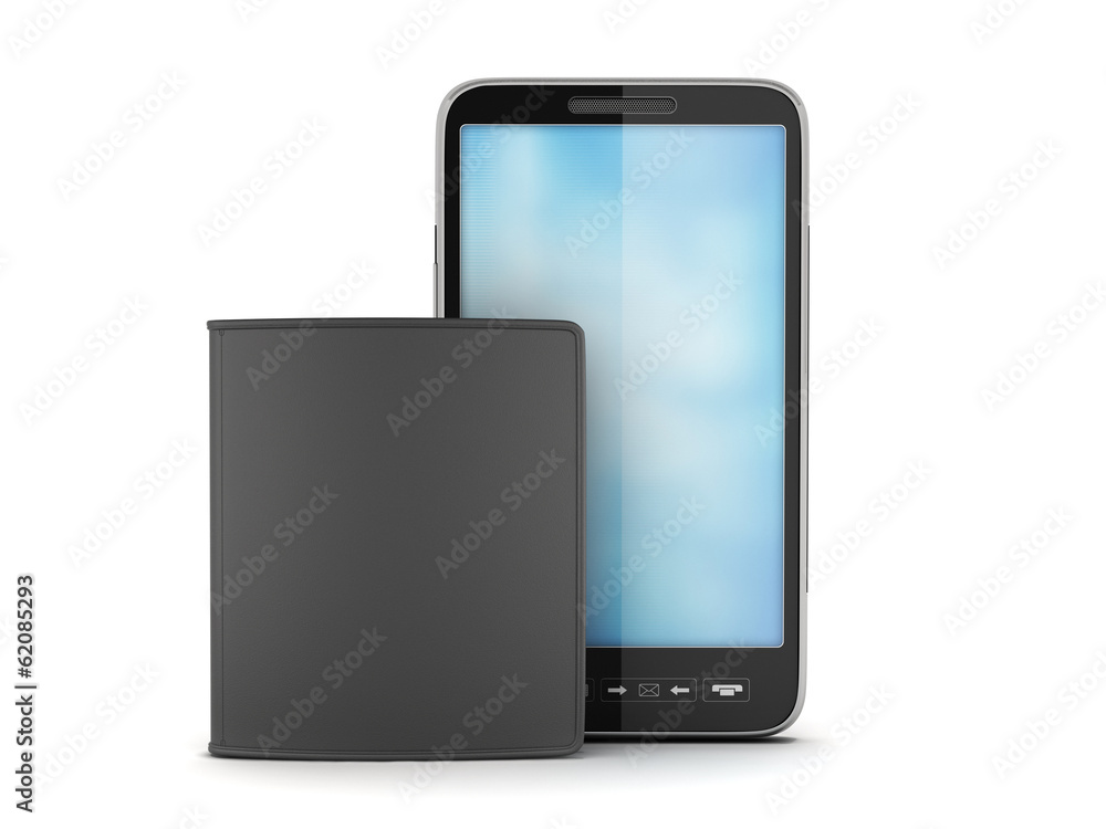 Modern cell phone and black leather wallet on white background Modern cell phone and black leather wallet on white background