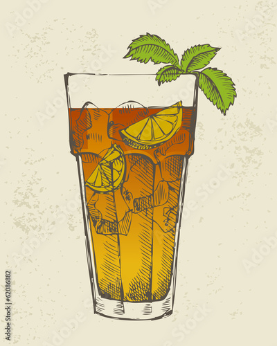 Hand drawn illustration of Long island iced tea cocktail.