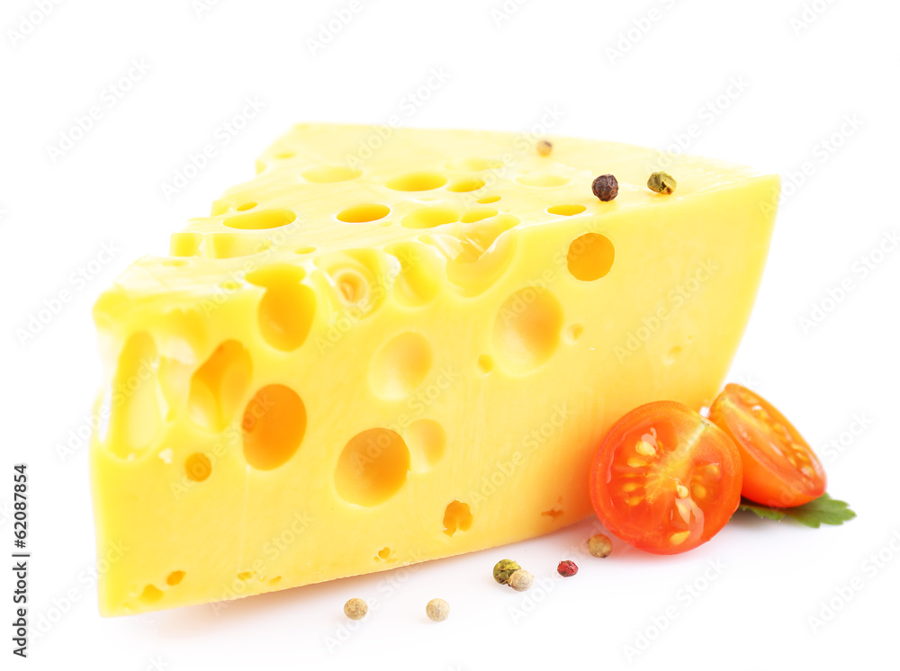 Piece of cheese and tomatoes, isolated on white